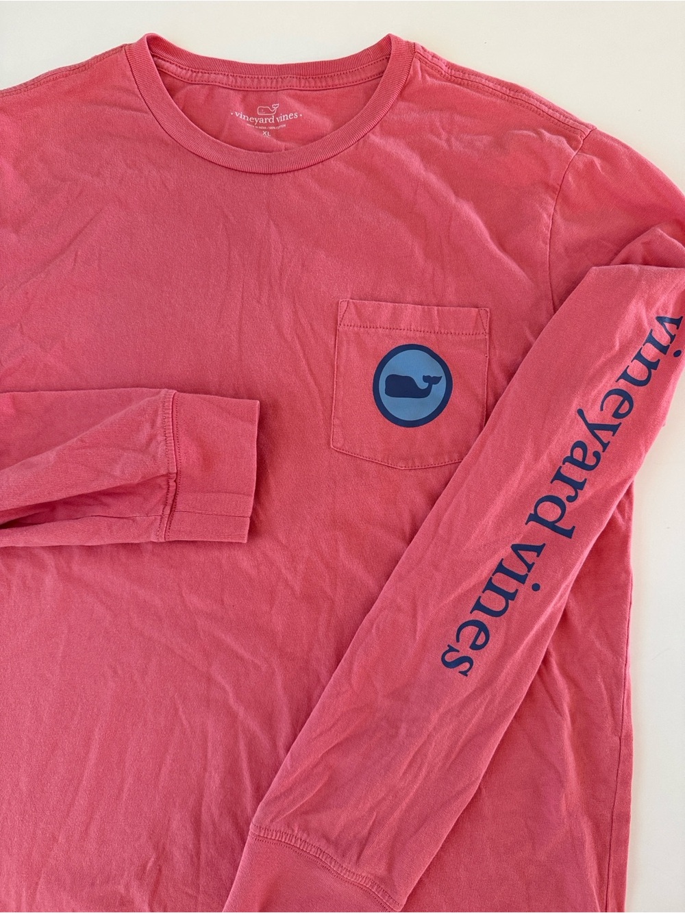 Vineyard Vines Long Sleeve Coral Pocket Tee with Blue Whale Logo, Kids XL (18)
